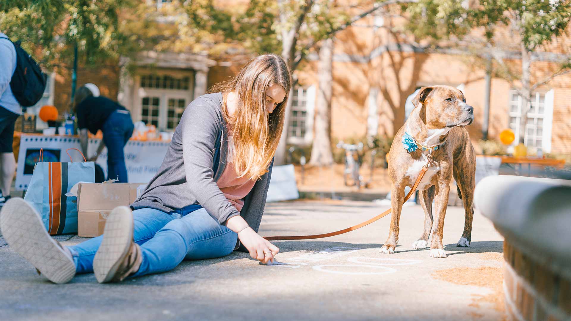 female student chalking sidewalk with dog