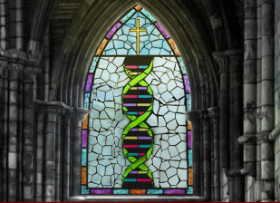 A strand of DNA rendered in stained glass