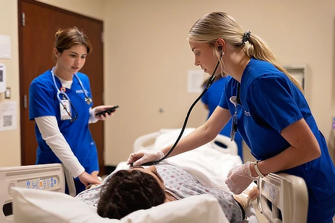 two female nursing students with a patient